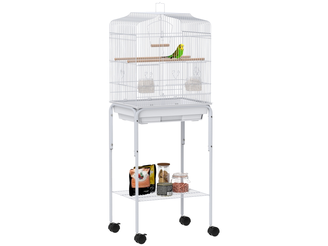 Gaiola Para Pássaros Com Rodas Prateleira Portas 2 Comedouros 2 Poleiros Baloiço Bandeja Removível 46,5x36x124 Cm Branco