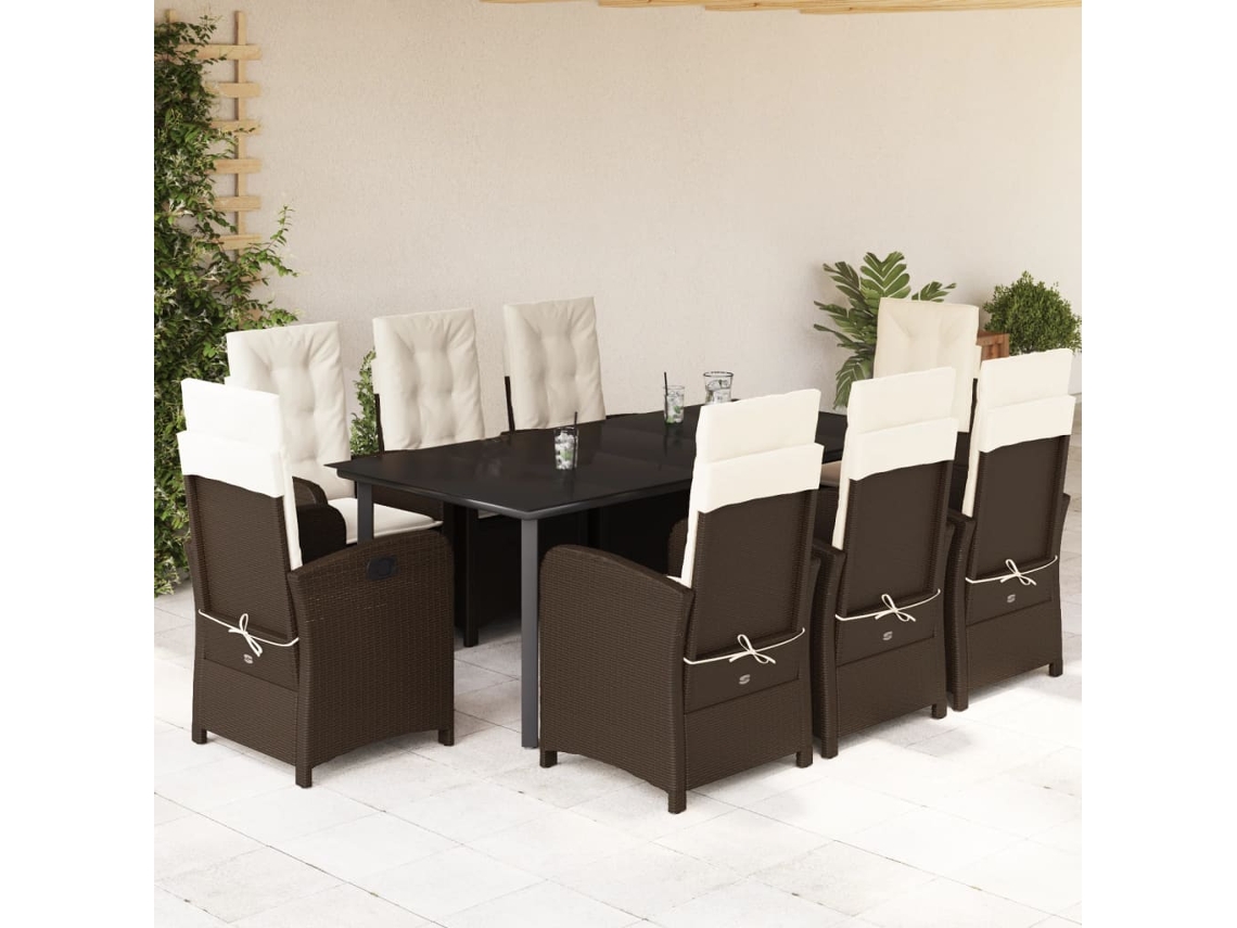Vidaxl 9 Pcs Conjunto Jantar P/ Jardim C/ Almofadões Vime Pe Castanho