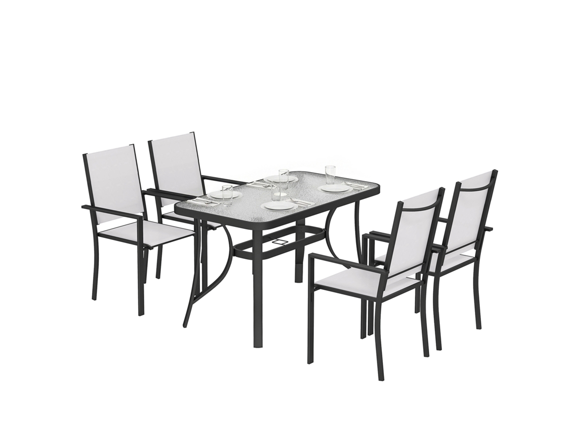 Conjunto de Jardim com 5 Peças com 4 Cadeiras Empilháveis e Mesa de Vidro Temperado com Furo para Guarda sol. Cinza Claro Ge