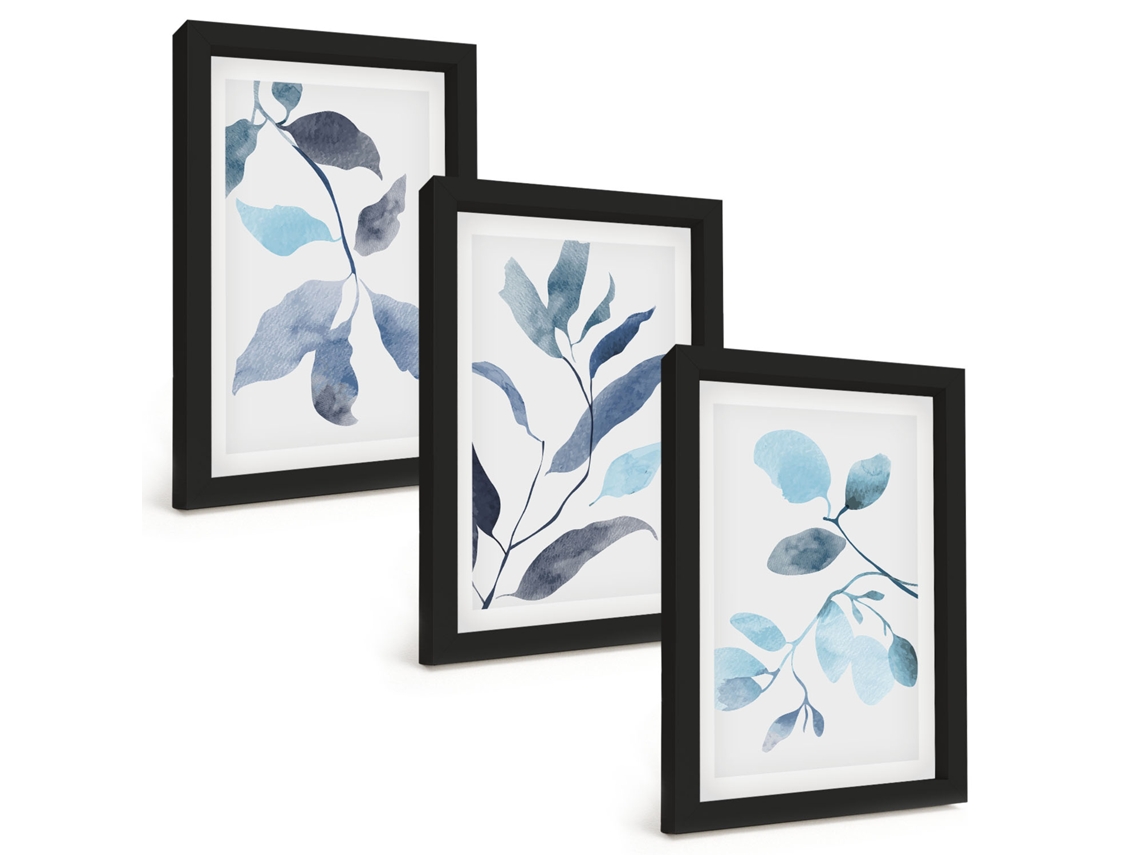 Composição De Quadros Folhas Azuis, Aquarela Espelharte (3 Peças 20x30 Cm)