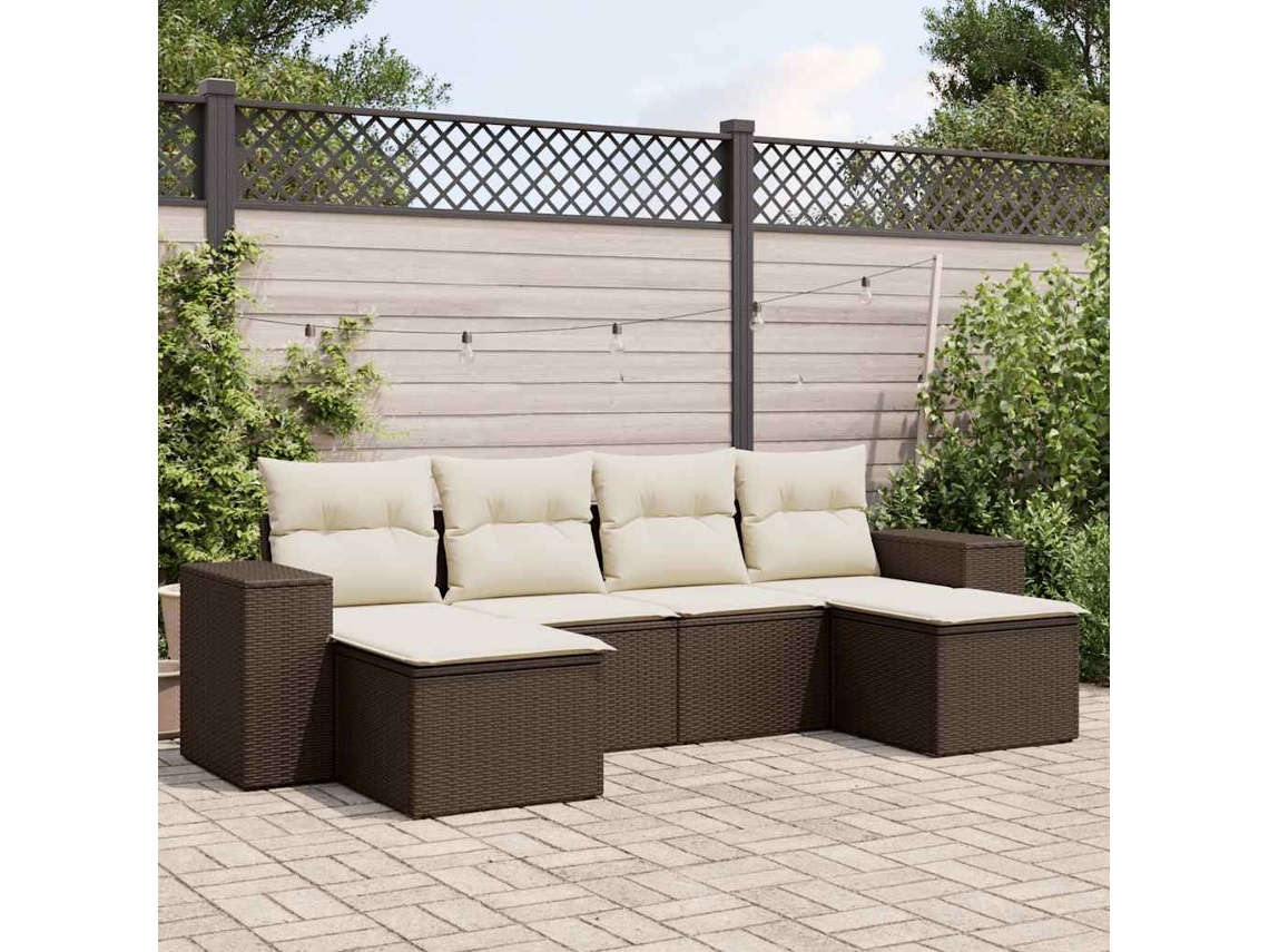 Vidaxl 6 Pcs Conjunto De Sofás Jardim C/ Almofadões Vime Pe Castanho
