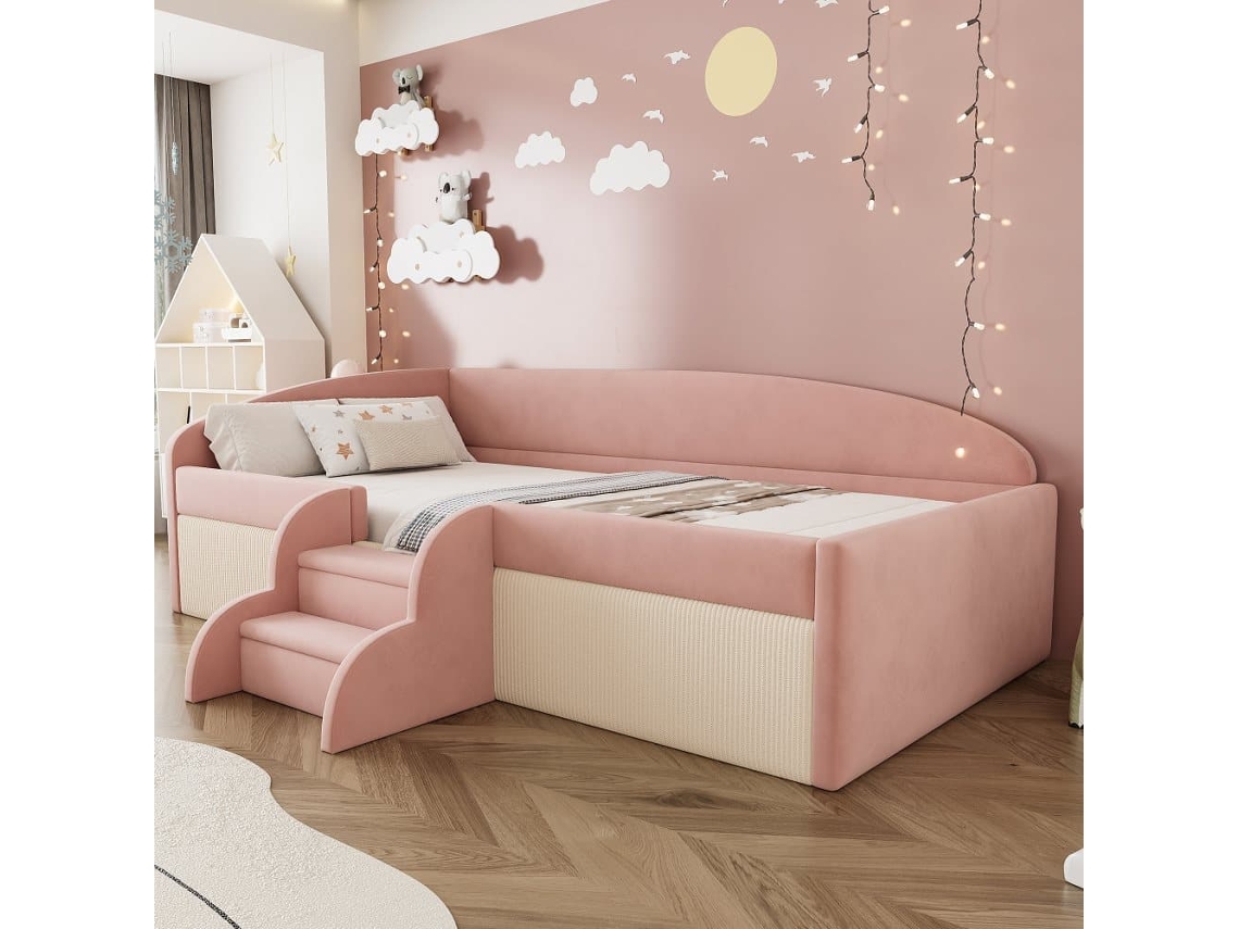 Cama Multifuncional 90x190 Cm - Com Degraus E Barreiras - Veludo Macio - Rosa + Branco Creme