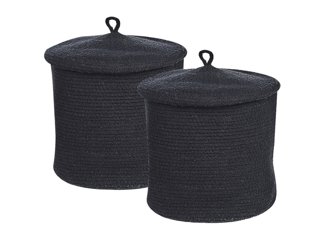 Cesto Com Tampo Boho Beliani Silopi De Algodão Preto 33x33x32