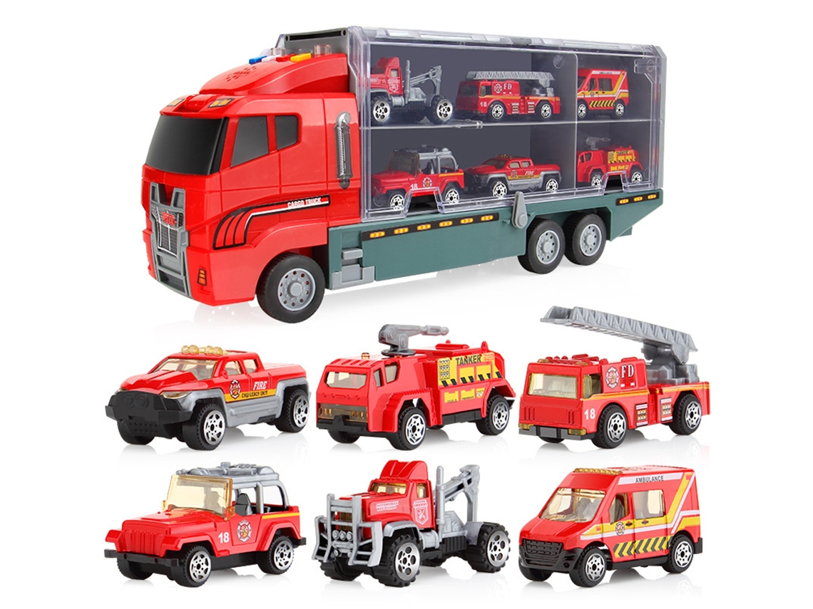 (vermelho) Conjunto De Modelos De Carros Infantis, Incluindo Um Grande Caminhão De Transporte E 6 Veículos De Construção Em Miniatura.