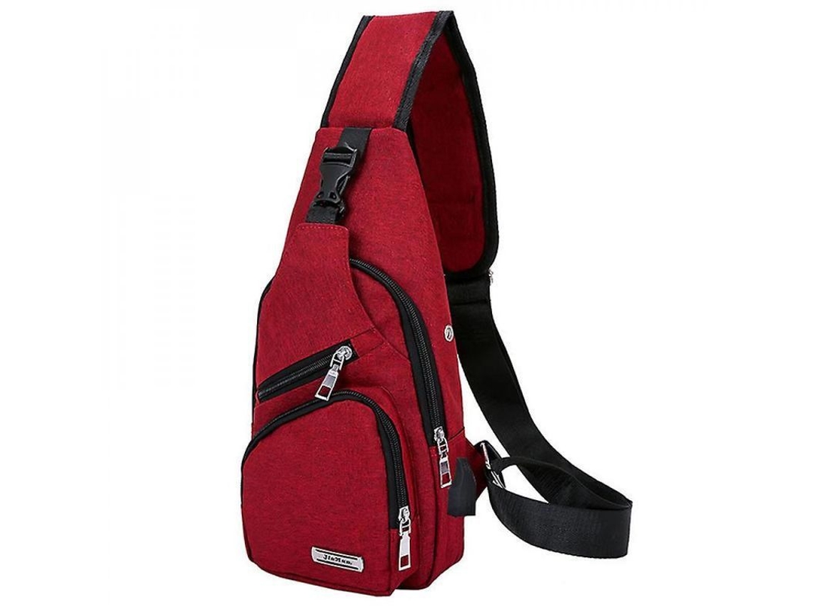 Mochila Bandolera Unissex com Porta USB, Furo para Fones, Vermelho (S/MARCA)
