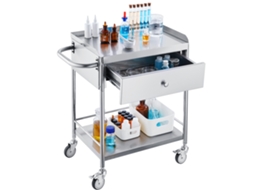 Carrinho de Laboratório Aço Inoxidável 2 Níveis Médico 71x42x78,5 Cm com Gaveta Carga 100 Kg Movimento Silencioso para Armazenamento Clínico, Cozinha,