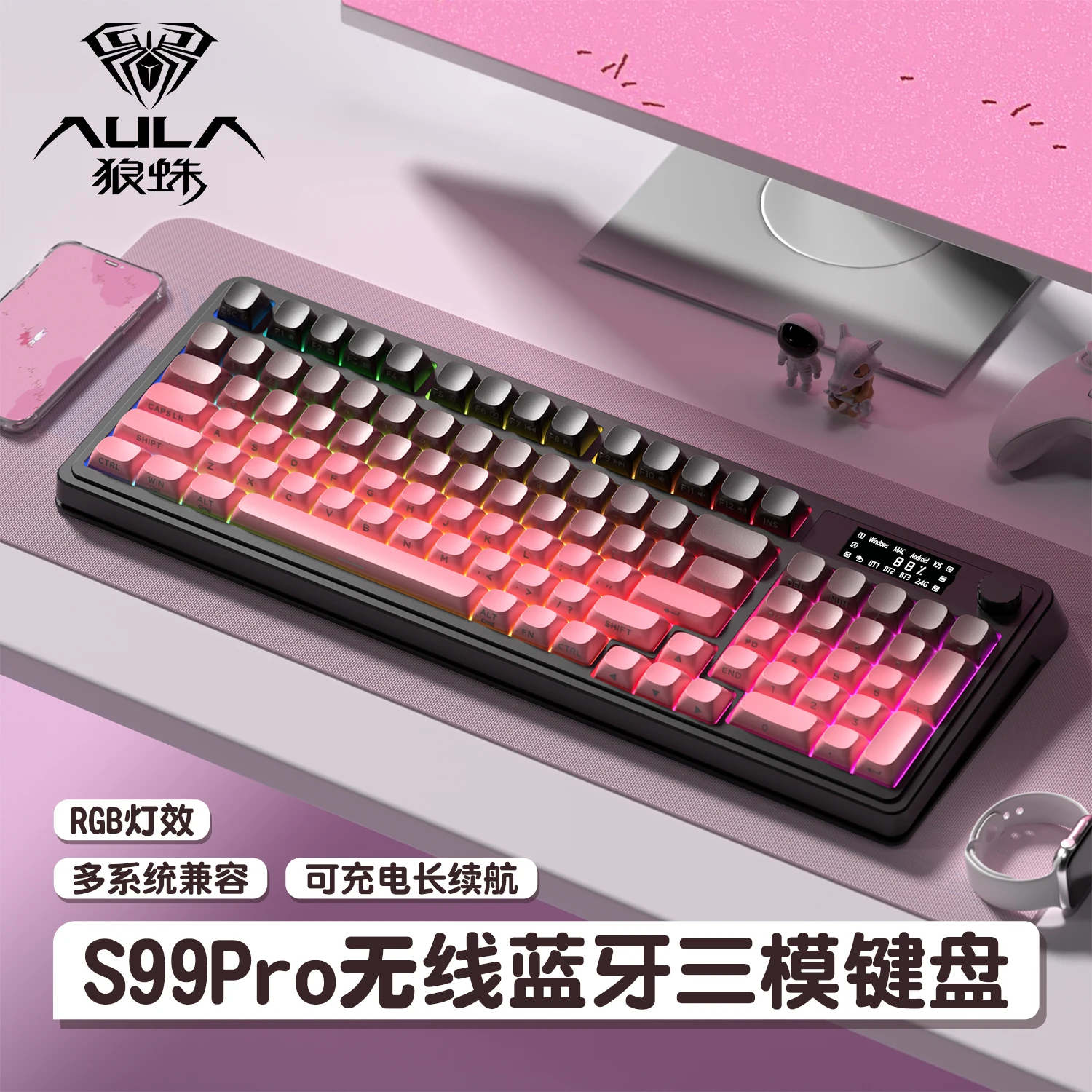 (blackberry) Teclado Gamer Bluetooth Sem Fio Tri-mode 2.4g Rgb