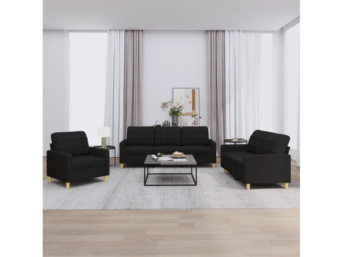 Vidaxl 3 Pcs Conjunto De Sofás Com Almofadões Tecido Preto