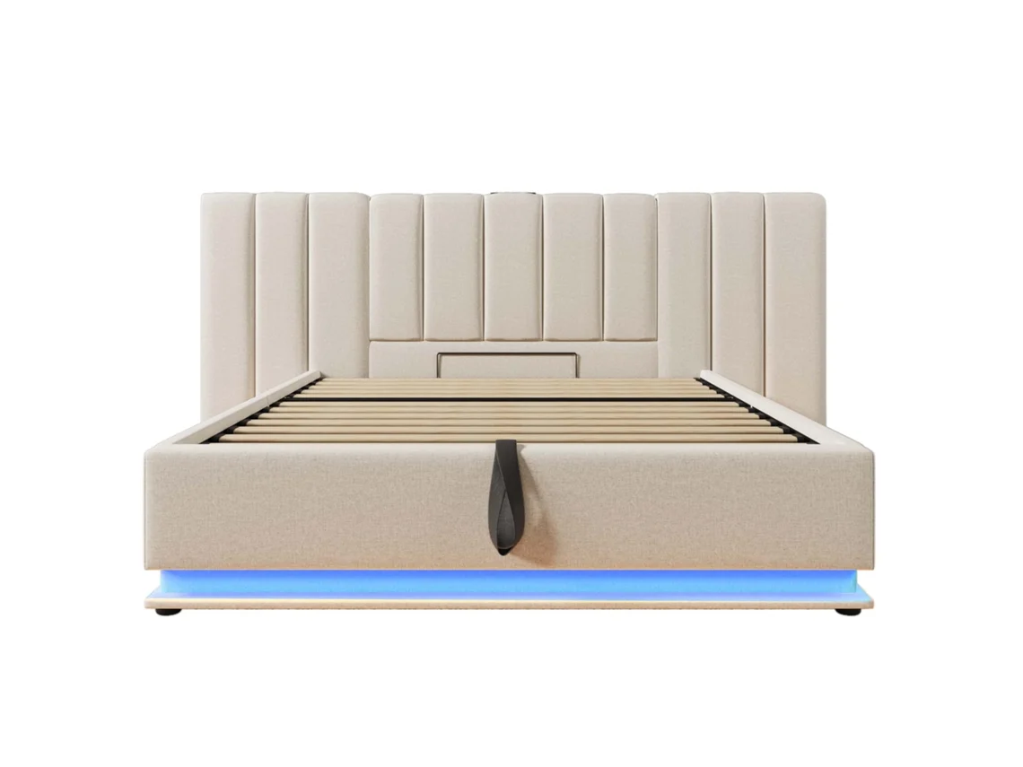 Cama Estofada 180x200 Cm com Arrumação, iluminação Led e Carregamento Usb c, sem Colchão e Mesa de Cabeceira PAPRIKA