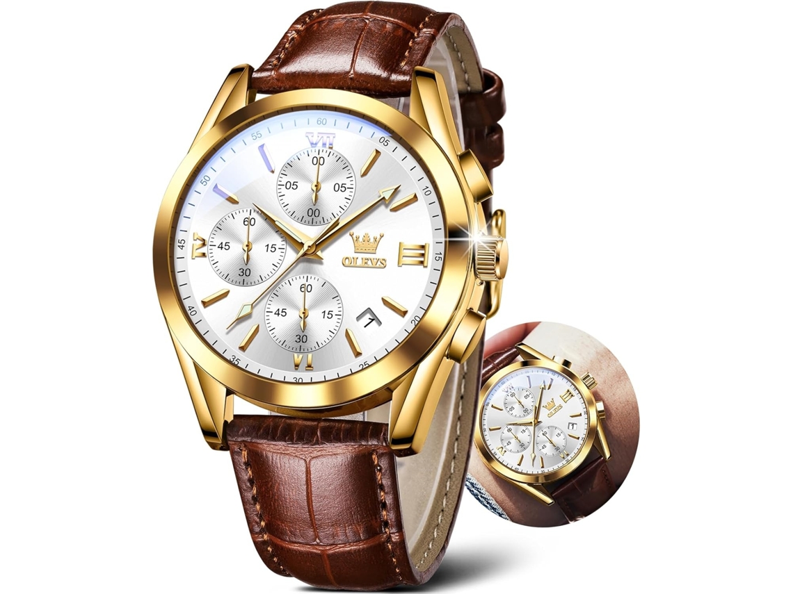 Lurelia Relógio Cronógrafo Masculino, Movimento De Quartzo, Analógico, Data/calendário, Luminoso, Couro, Resistente À Água 30m, Dourado