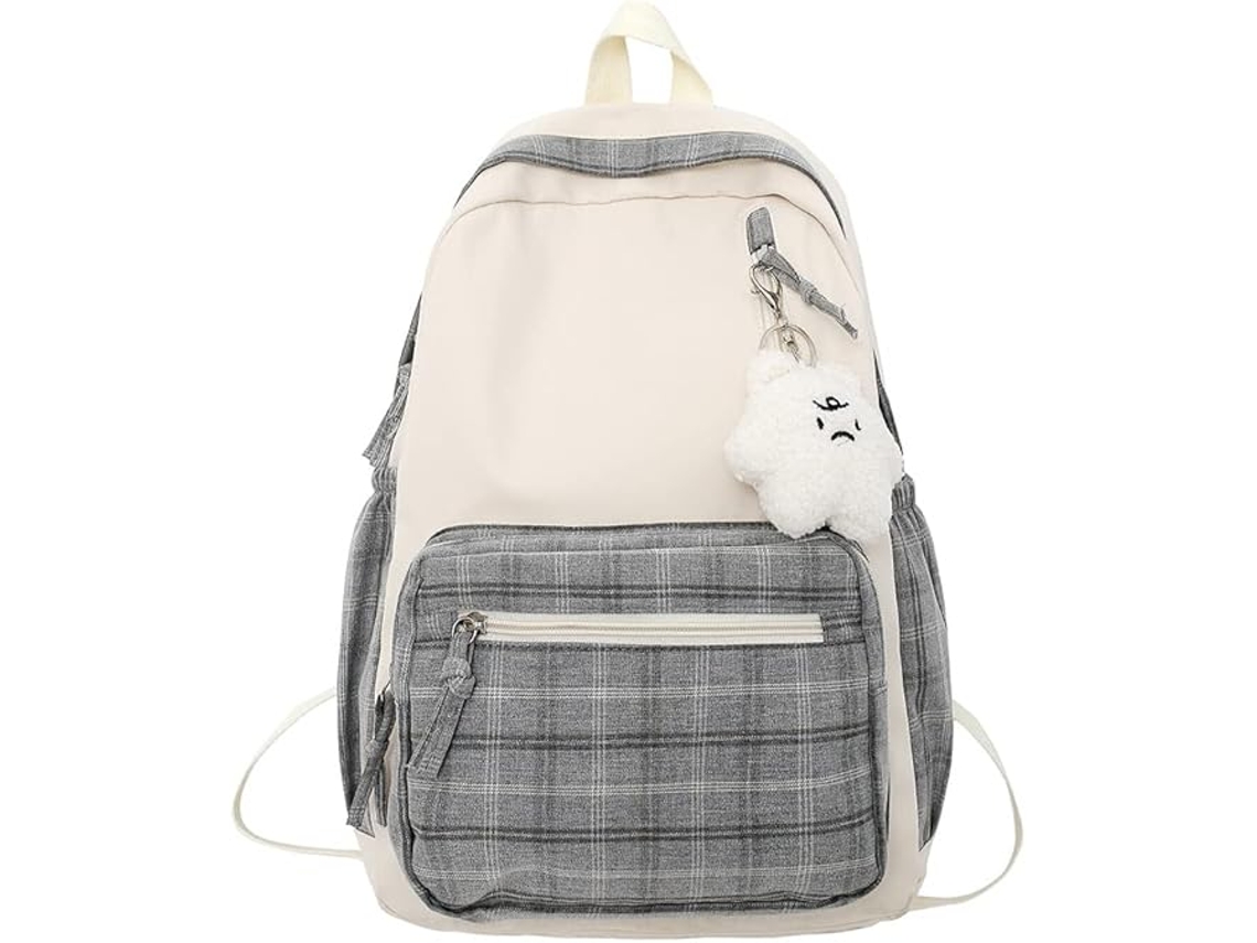 Mochila Kawaii Com Pingente, Fofa Xadrez, Escolar Para Meninas E Adolescentes, Volta Às Aulas Aquaforge (cinza)