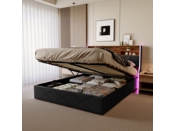 Cama De Casal Hidráulica Preto 160 X 200 Cm, Em Pele Pu E Carvalho Claro, Com Iluminação Led Dupla Face E Carregador Integrado