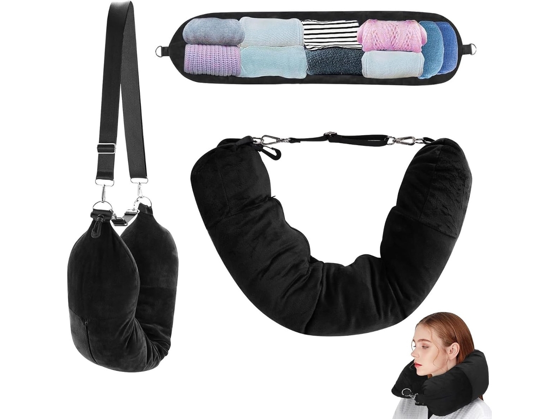 Almofada De Viagem, Cor Preto, Formato U, Apoio Para Pescoço E Cabeça Em Avião, Carro, Comboio Ou Escritório