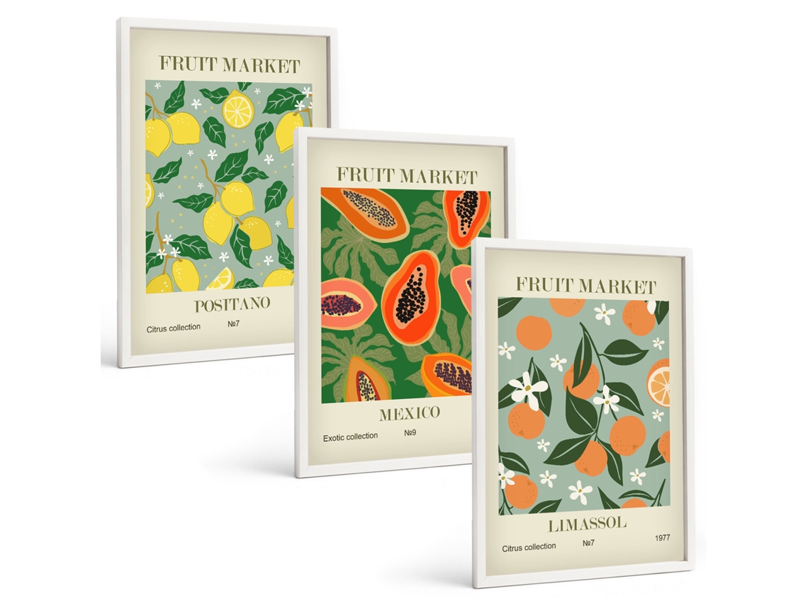 Composição De Quadros Pôsteres De Frutas, Limões, Mamões Moldura Branca Quadros Para O Escritório Espelharte (3 Piezas De 40x60 Cm)