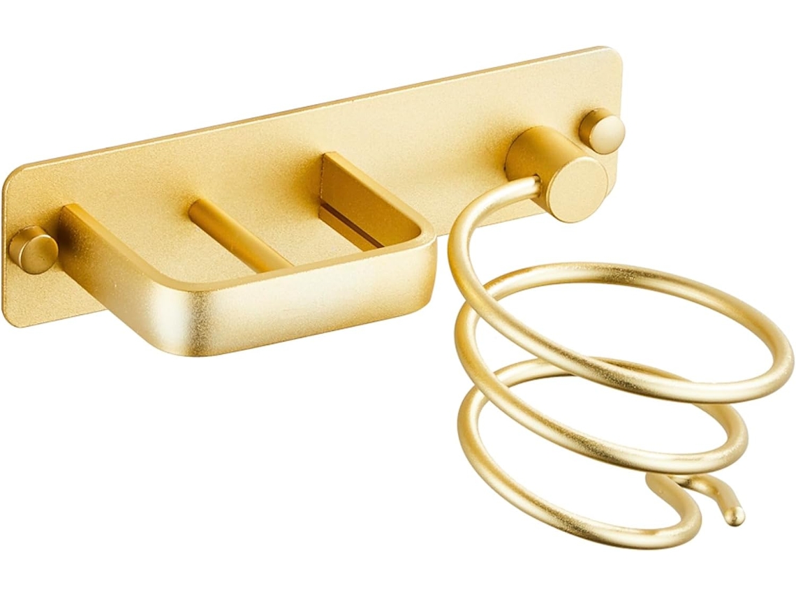 Suporte De Parede Para Secador Cabelo E Chapinha Com Compartimento Guardar O Cabo, Acabamento Dourado.