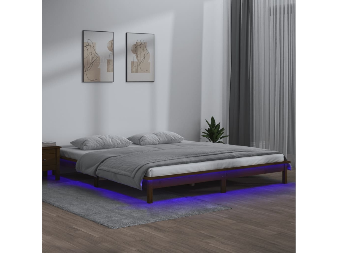 Estrutura Cama Casal Pequena Leds 120x190 Cm Madeira Castanho