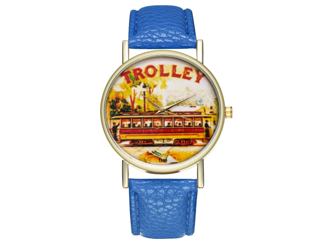 Relógio de pulso unissex de quartzo com pulseira de PU e mostrador redondo com estampa de carrinho (azul royal)