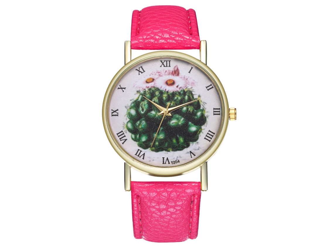 Relógio de quartzo unissex com pulseira de couro PU, mostrador com desenho de cacto, nas cores vermelho e rosa.