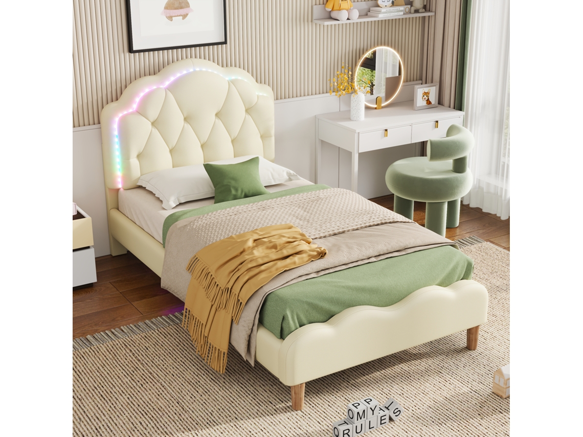 Cama Infantil 90x200cm, Cama De Solteiro Estofada, Cabeceira Ondulada, Com Faixas Led Multicoloridas, Estrado De Ripas, Colchão Não Incluído, Bege