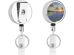 Porta Crachá Retrátil De Metal Compacto E Leve Com Estampa De Flores Azuis Do Texas, Com Clipe E Chaveiro Ideal Para