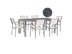 Conjunto De Refeição De Jardim Para 6 Pessoas Beliani Grosseto De Granito, Aço Inoxidável Cinzento/branco 180x90x70