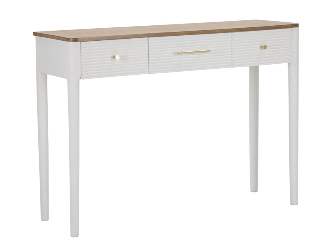 Mesa De Consola Matera 107x37x80 Cm - Mesa De Consola Em Madeira Branca E Castanha Com 3 Gavetas E Detalhes Dourados - Estilo Boho Chic