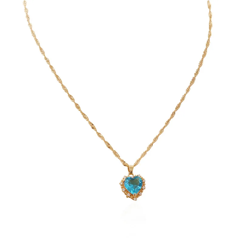 Colar Com Pingente De Zircônia Em Formato De Coração Banhado A Ouro (azul Escuro), Gargantilha Feminina Com Corrente De Aço Inoxidável.