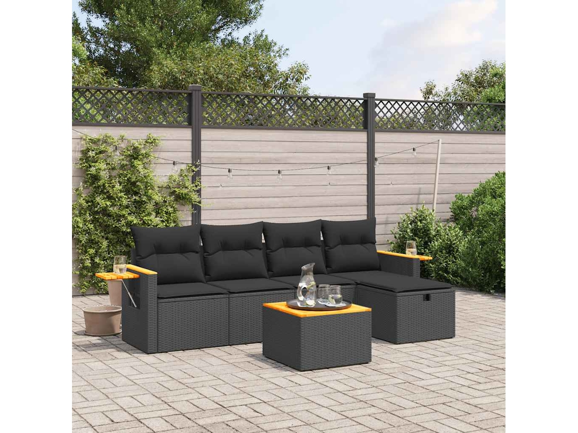 Vidaxl 6 Pcs Conjunto Sofás De Jardim C/ Almofadões Vime Pe Preto