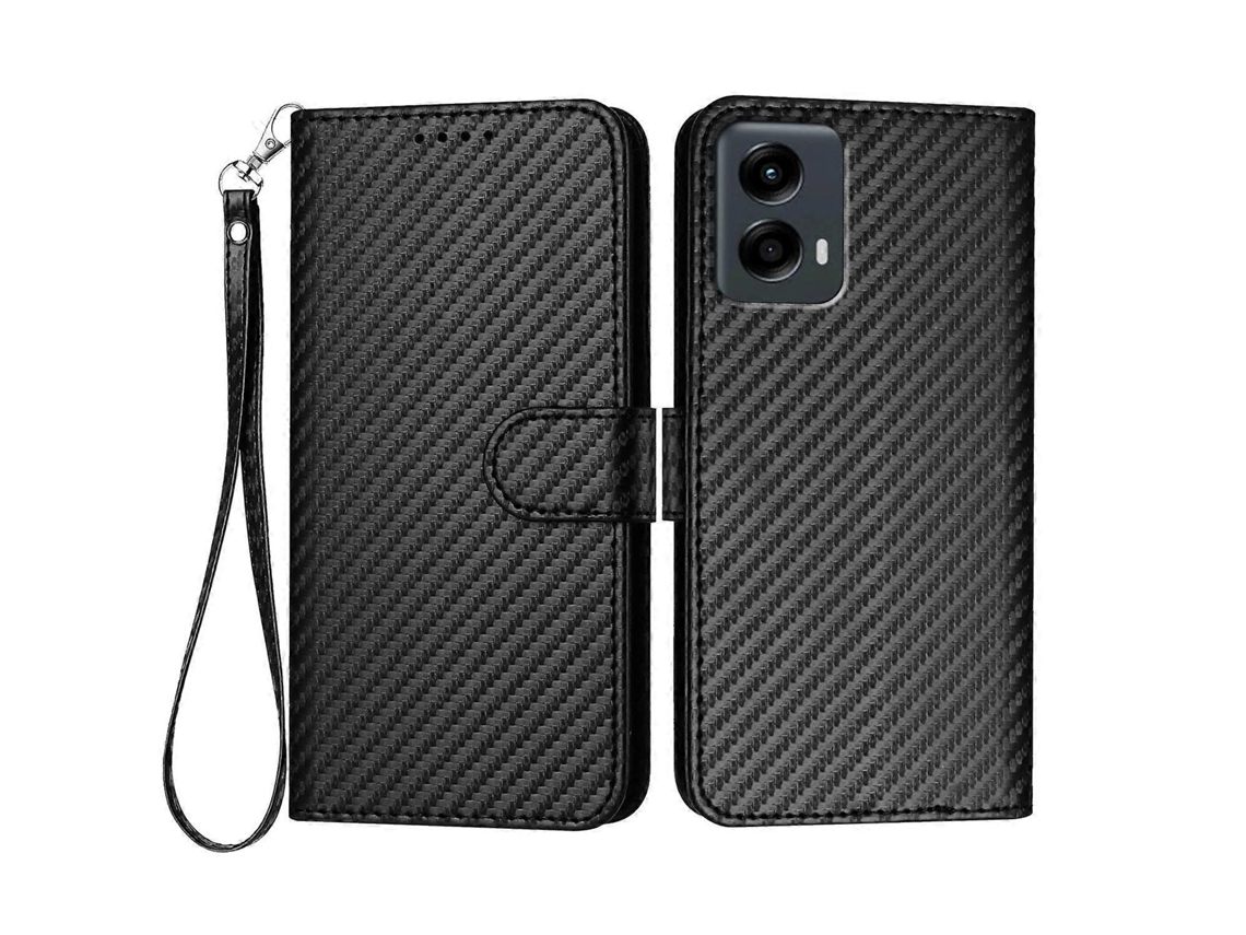 Capa Tipo Carteira Com Alça, Textura De Fibra De Carbono, Couro, Preta, Para Motorola Moto G 5g (2024) / Motorola Moto G Play 5g (2024)