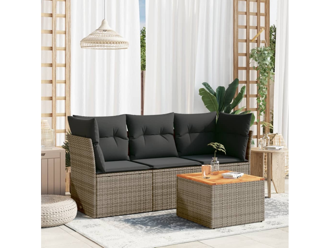 Vidaxl 4 Pcs Conjunto Sofás de Jardim C/ Almofadões Vime Pe Cinzento
