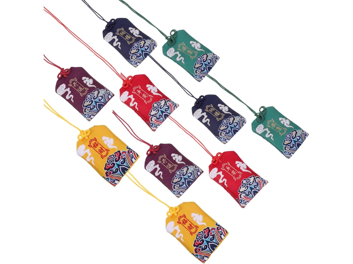 Conjunto 10 Saquinhos Amuleto Omamori Japoneses Tradicionais Vazios Cores Sortidas Amarelo Vermelho Verde GOKOCO