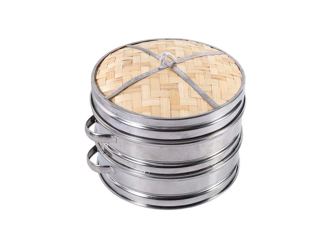 Cesta De Vapor Com Tampa, Aço Inoxidável Com Duas Orelhas E Vaporizador De Bambu Para Bolinhos, Pães E Vegetais, Utensílio De Cozinha Natural E Ecológ