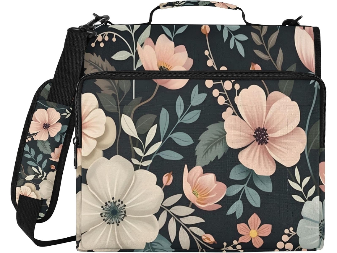Elegante Pasta Preta Com Estampa Floral Em Formato De Folha, Compartimento Laptop, Organizador De Pastas E