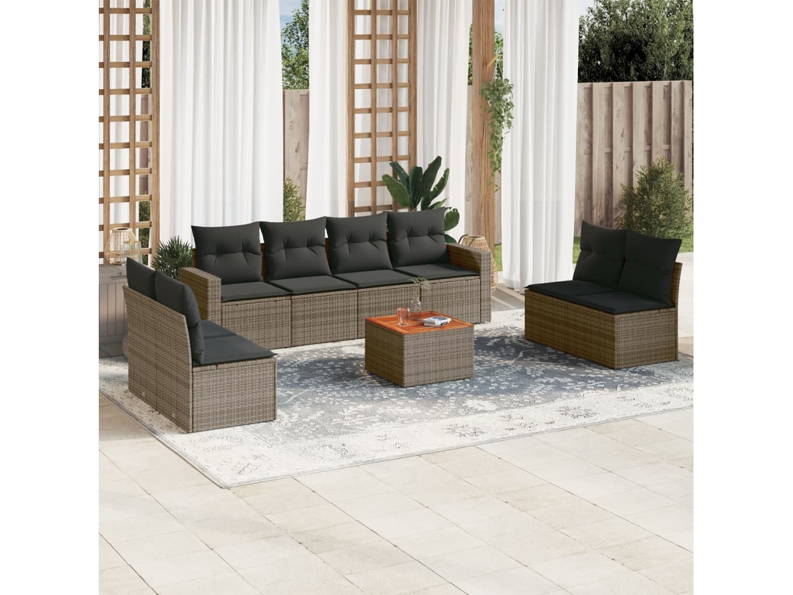 Jogo 9 Peças Sofás P/ Jardin Com Almofadões Vime Pe Cinza Dkd Home Decor