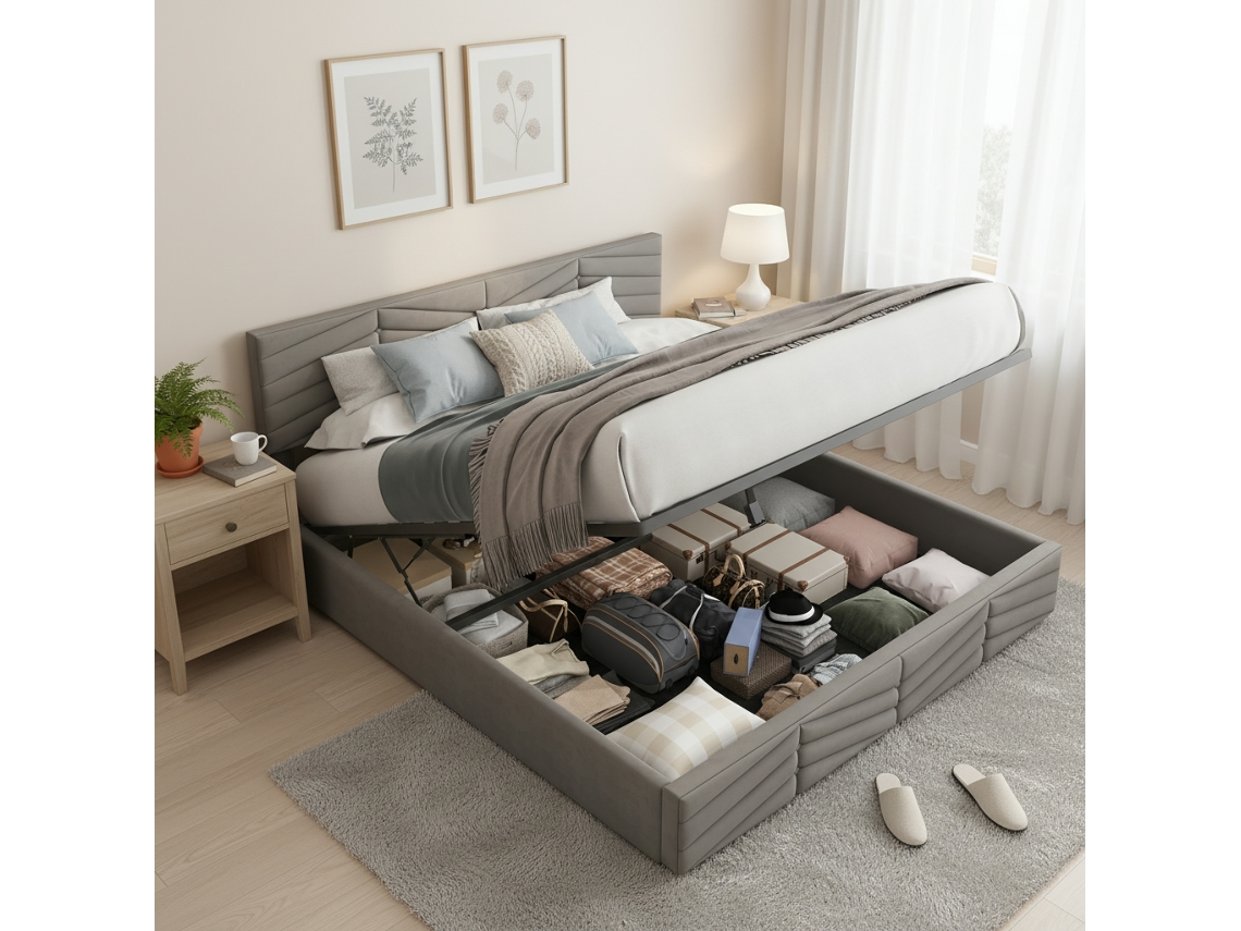 Cama Casal Hidráulica Veludo Listrado Cinza 140x200 Cabeça Ajustável