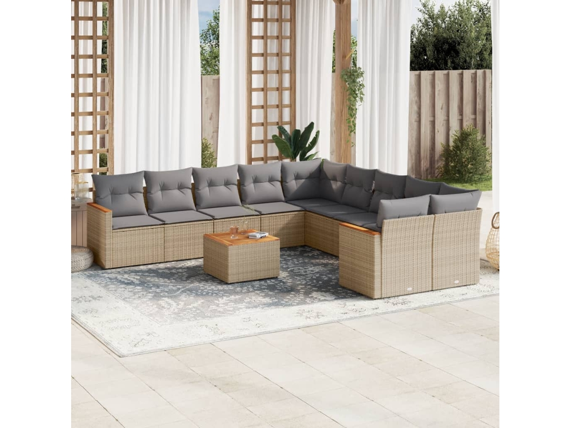 Vidaxl 11 Pcs Conj. Sofás Jardim C/ Almofadões Vime Pe Bege Misturado