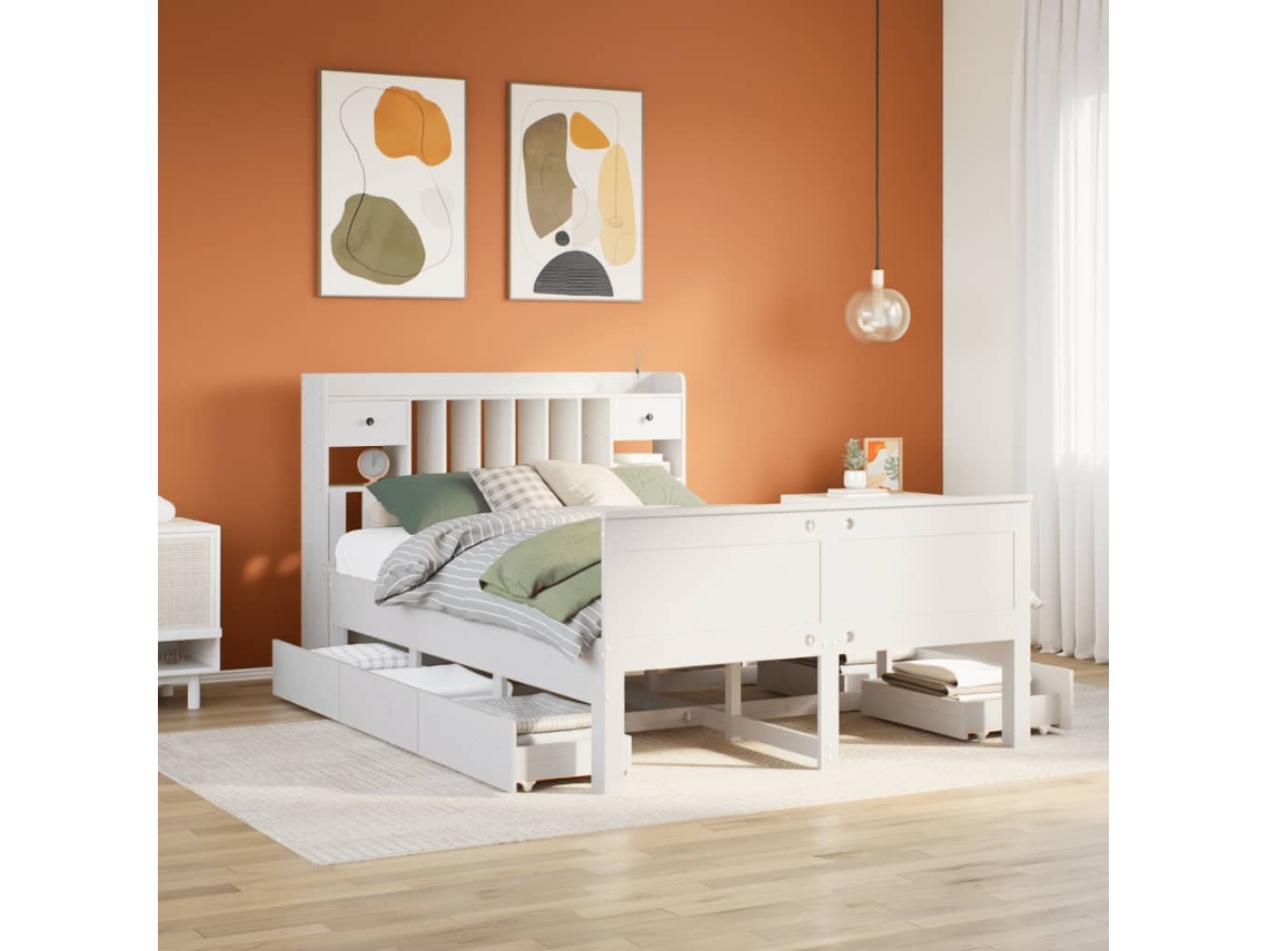 Vidaxl Cama Com Estante Sem Colchão 140x200 Cm Pinho Maciço Branco