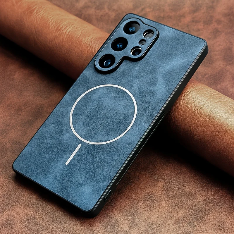 Capa Magnética Em Couro Genuíno Para Celular Samsung (galaxy S24 Azul) Com Proteção De Lente Magsafe.