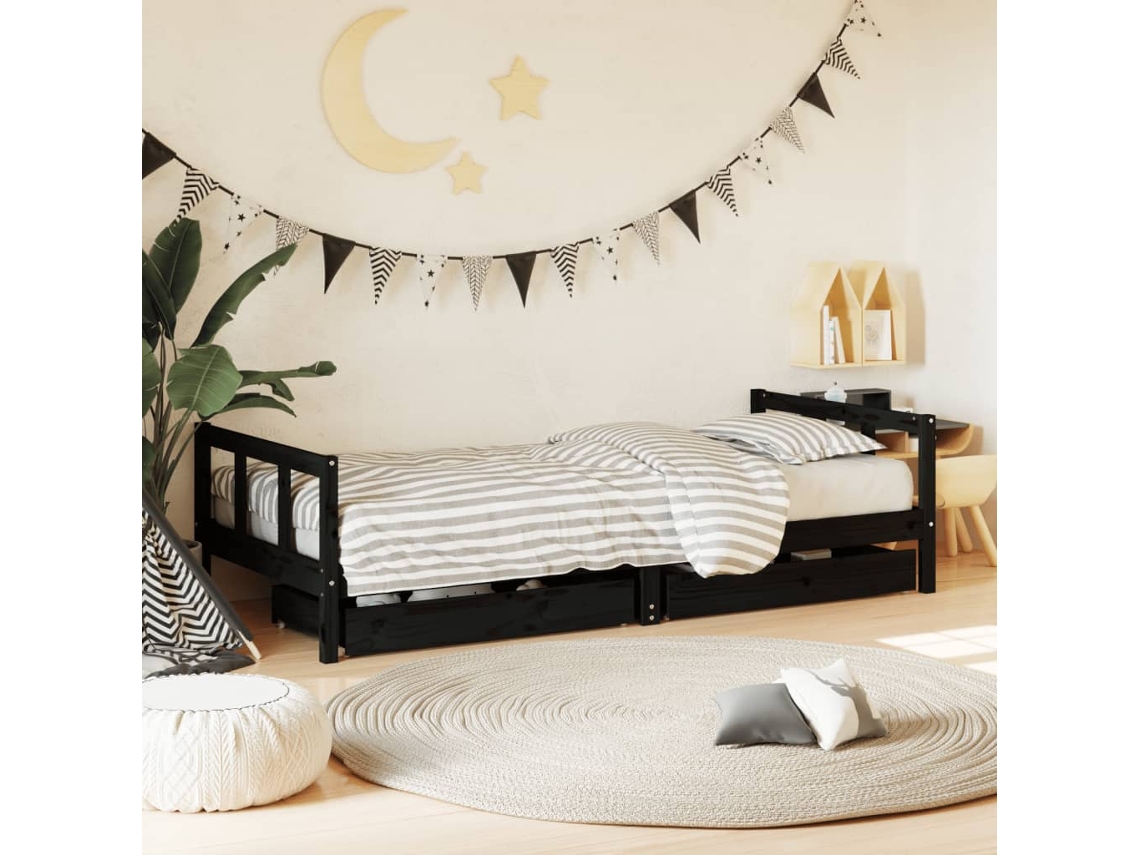 Vidaxl Estrutura Cama Infantil C/ Gavetas 90x200 Cm Pinho Maciço Preto