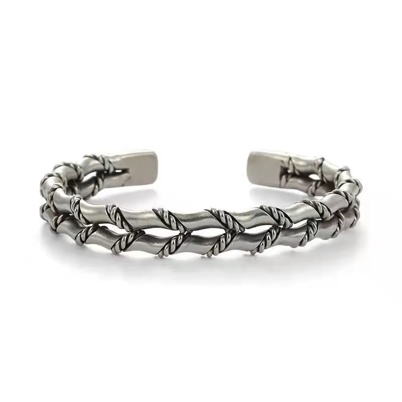 Pulseira Masculina Retrô Aberta em Bambu Trançado, Estilo Punk Hip hop, com Duas Camadas de Prata. MDUG