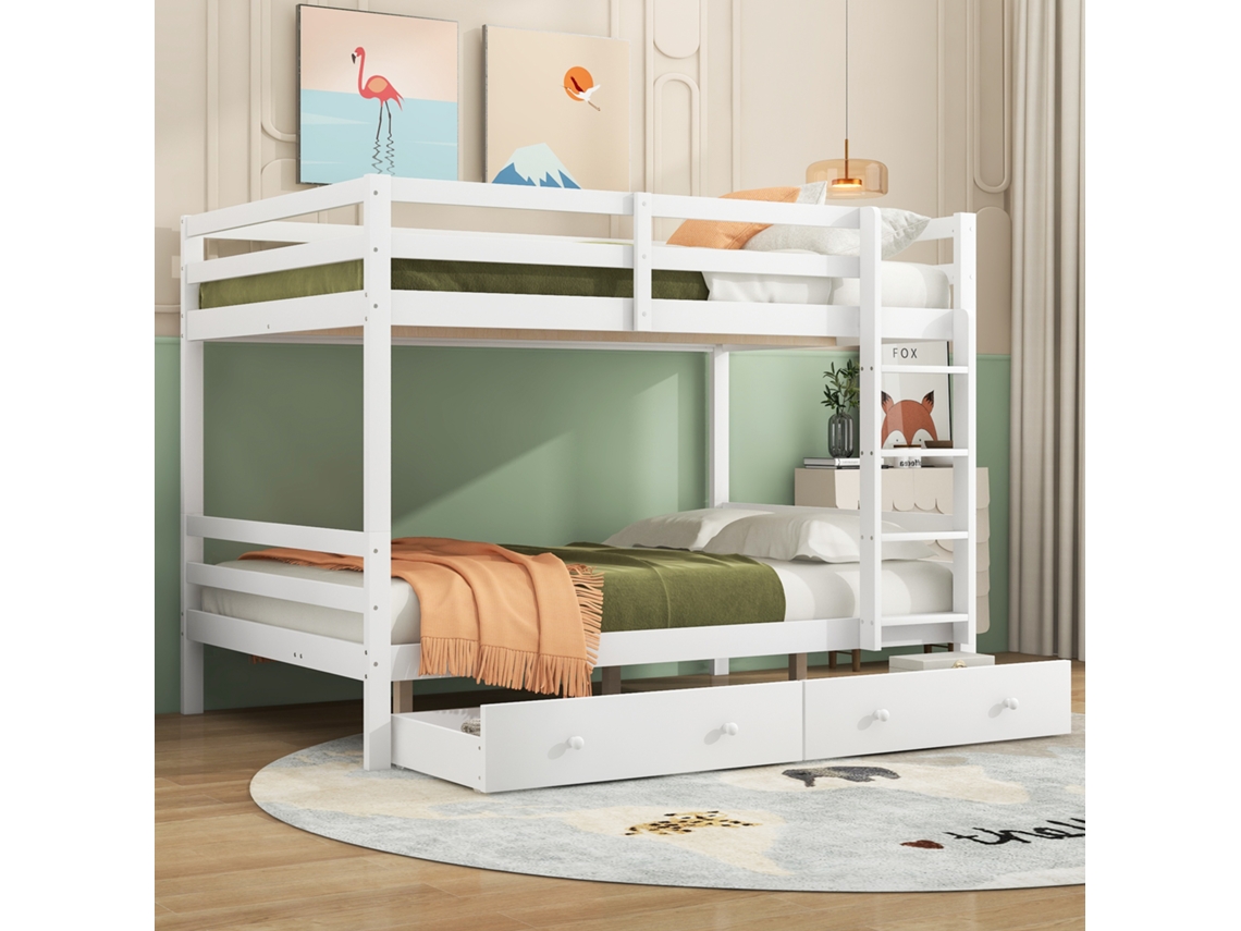 Cama Infantil 140x200cm Branca Com Gavetas, Prateleiras E Grades Altas