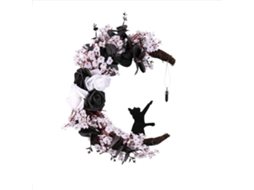 Decoração Halloween Com Flor Rosa Preta Branca, Ramo Morto E Guirlanda Com Gato E Lua Pela Laxiscreed