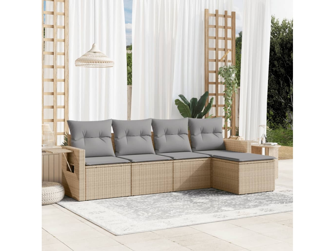 Vidaxl 5 Pcs Conjunto de Sofás P/ Jardim com Almofadões Vime Pe Bege