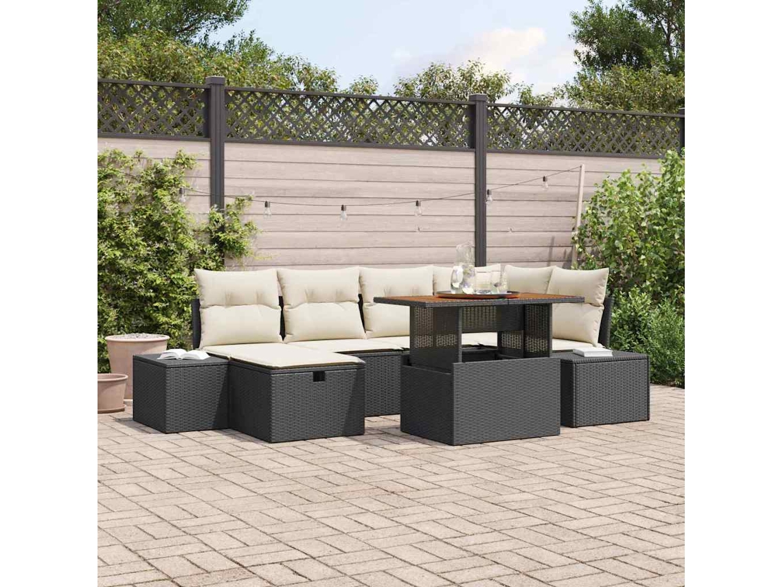 Vidaxl Conjunto De Sofá De Jardim 7 Unid. Preto Vime Pe