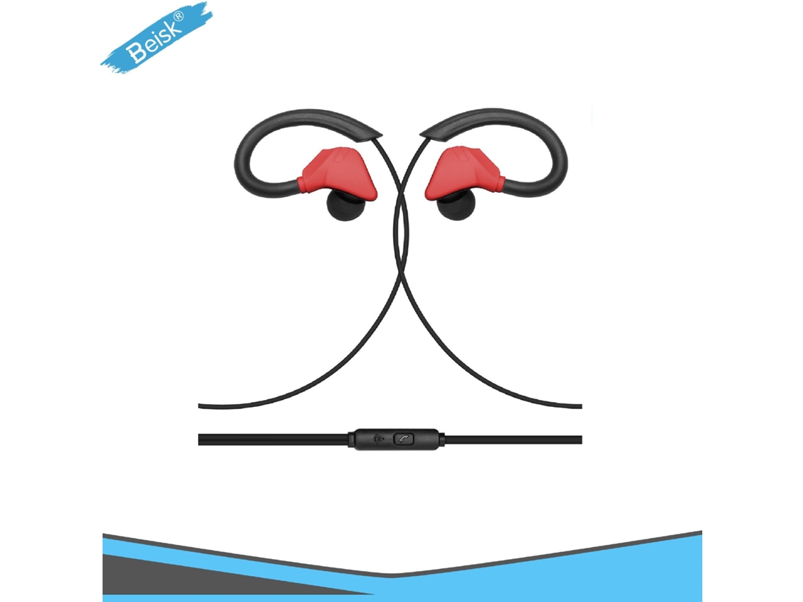 Fones Intra Auriculares Com Fio Beisk 3,5mm Preto Vermelho Esportivo, Chamada De Voz Remota, Cabo Tpe 1,2m