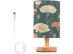 Abajur De Cabeceira Led Floral Vermelho E Branco Para Quarto, Luminária De Leitura Com Cúpula Tecido, Base De Madeira E