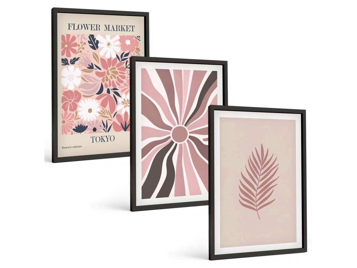 Conjunto De Pinturas Padrões E Geometria De Folhas Florais Espelharte (3 Peças 40x60 Cm)