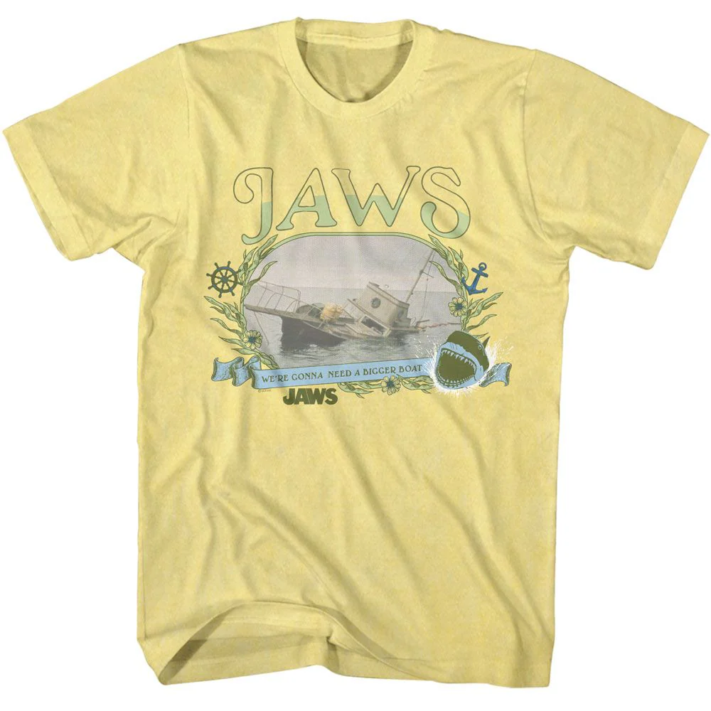 Unisex Adult T-shirt Rockinstone Jaws Movie Boat Sinking Florals Heather Yellow Sizel