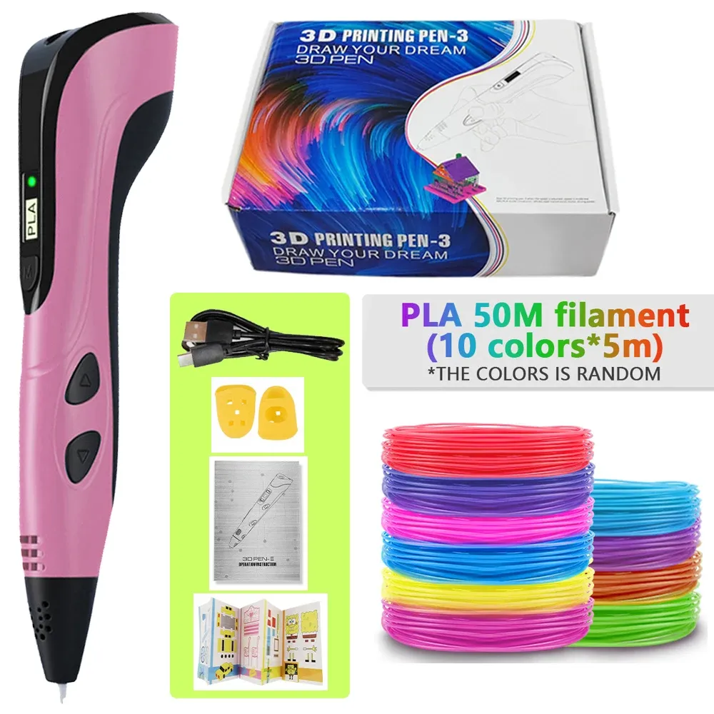 Caneta De Impressão 3d Infantil Alimentada Por Usb,brinquedo Criativa Diy Com 5m X 10 Cores Filamentos Pla (rosa) Digitallab