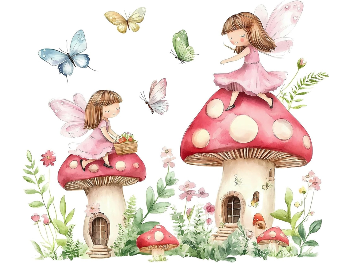 Adesivos de parede decorativos para quarto infantil com borboletas e elfos pintados à mão (2 conjuntos)